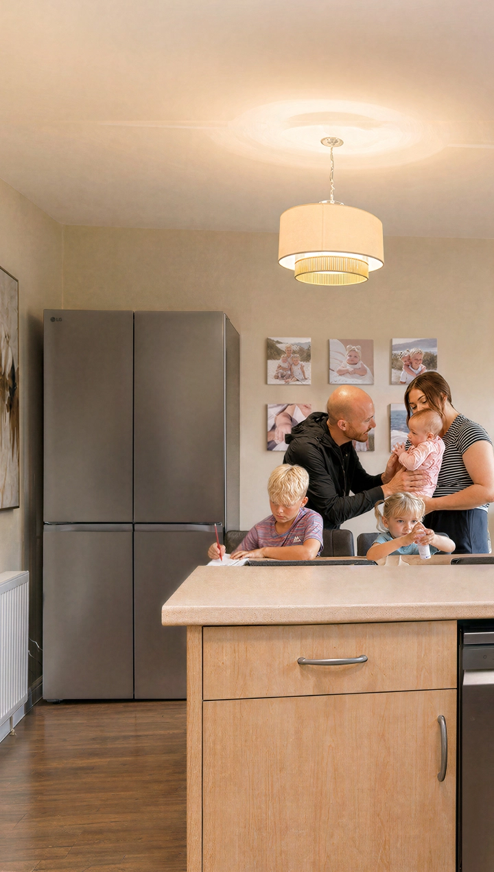 A family with three children gathers in a warm, modern kitchen, with the parents caring for the children around a large kitchen island. A refrigerator, dishwasher, oven, and kitchen cabinets are visible in the background.