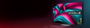 lg oled tv with the promo info for up to 15% off lg tvs along along with the Which? award logo on a dark with hollow blue and red light 