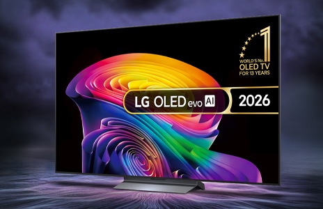 LG OLED evo AI TV 2026 displaying vibrant multicoloured abstract artwork with World's No.1 OLED TV for 13 Years award badge.
