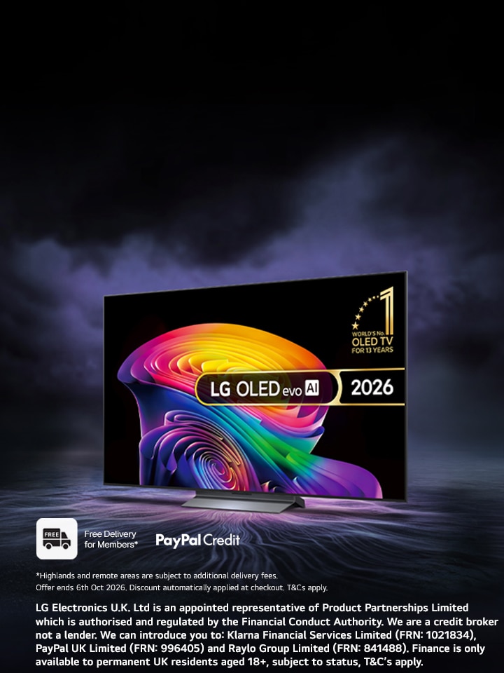 lg oled tv on a dark, moody background with a white promotional copy to the left promoting up to 15 % off selected lg tvs