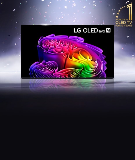LG 2026 OLED large-screen TV showing vivid colours, with a bright light effect above and a “No.1 OLED TV for 13 years” launch message promoting free installation and wall bracket