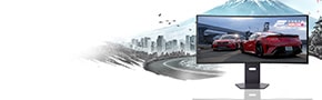 LG UltraGear OLED 39GX950B monito with Forza Horizon6 screenfill featuring Japan background showing a city and mount fuji with the message pre-order now
