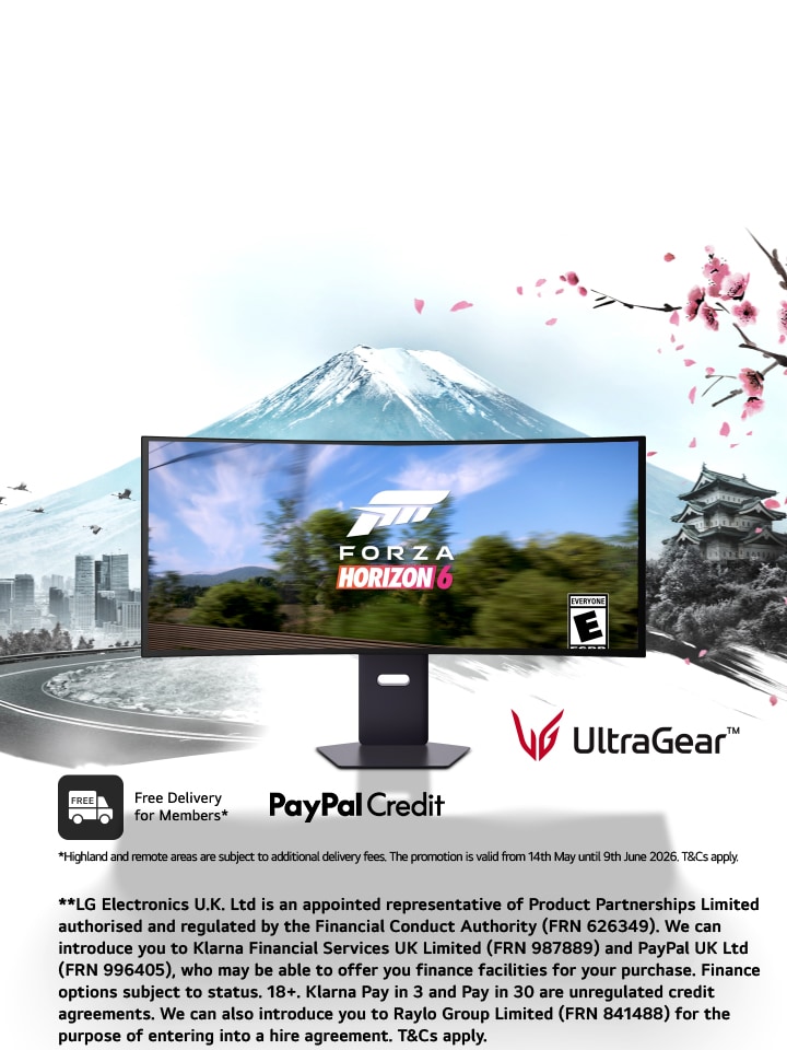 LG UltraGear OLED 39GX950B monito with Forza Horizon6 screenfill featuring Japan background showing a city and mount fuji with the message pre-order now