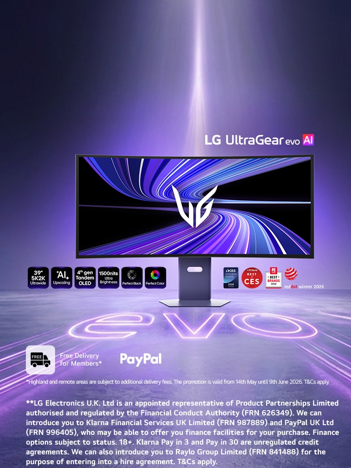 LG UltraGear evo 39GX950B on dark background with purple lighting along with the message pre-order now