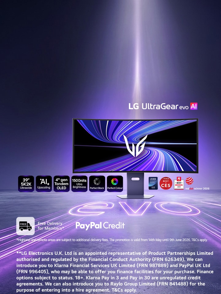LG UltraGear evo 39GX950B on dark background with purple lighting along with the message pre-order now