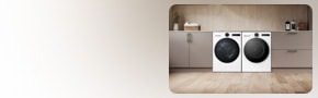 Perfectly matched lg washing machine and dryer in a modern light kitchen with up to 40% off on appliance bundles promotional message