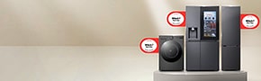 LG award-winning home appliances including a washing machine and refrigerators displayed with Which? Best Buy awards and the message 'Award-Winning Technology'