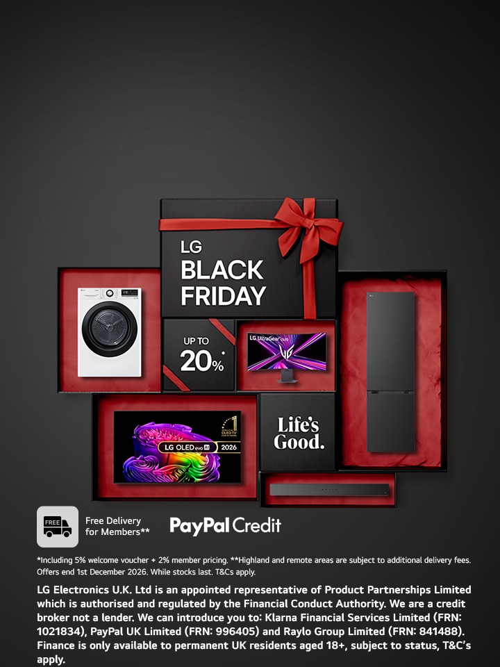 LG Black Friday promotional banner featuring an LG OLED TV, gaming monitor, fridge freezer, soundbar and tumble dryer displayed in gift boxes with Black Friday offers and PayPal Credit finance options.