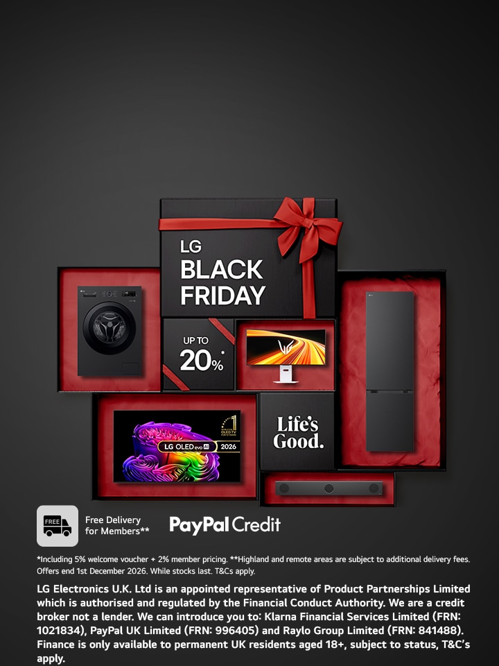 LG Black Friday promotional banner featuring an LG OLED TV, gaming monitor, fridge freezer, soundbar and tumble dryer displayed in gift boxes with Black Friday offers and PayPal Credit finance options.