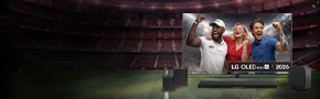  lg oled tv with a screenfill depicting people celebrating football world cup 2026 with an LG sound suite underneath over a picture of a large, moody stadium