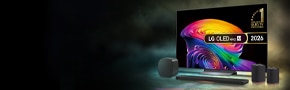 lg oled tv on a dark, moody background with a white promotional copy to the left promoting up to cashback offer on lg tvs and sound suite