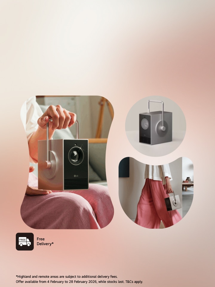 3 spheres showing lg cinebeam q porjector on a pinkish gradient background  and a promotional message  to receive a free stand with each projector purchase