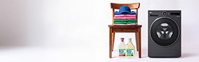 LG laundry promotion showing a Heat Pump washer dryer and WashTower with free six months of Ecover detergent and softener offer.