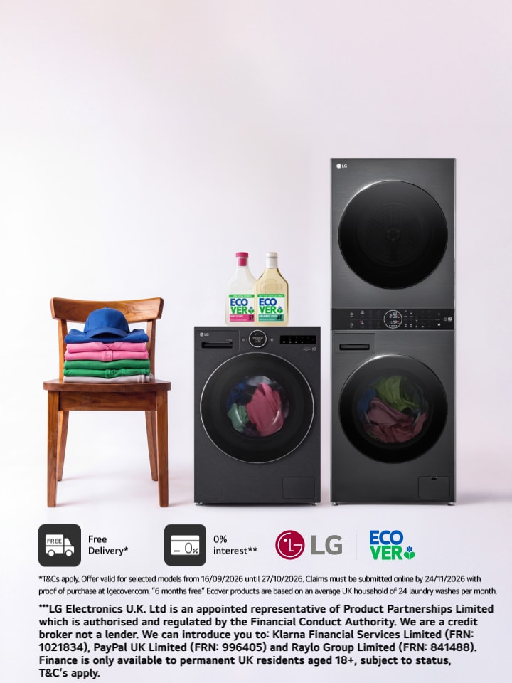 LG laundry promotion showing a Heat Pump washer dryer and WashTower with free six months of Ecover detergent and softener offer.