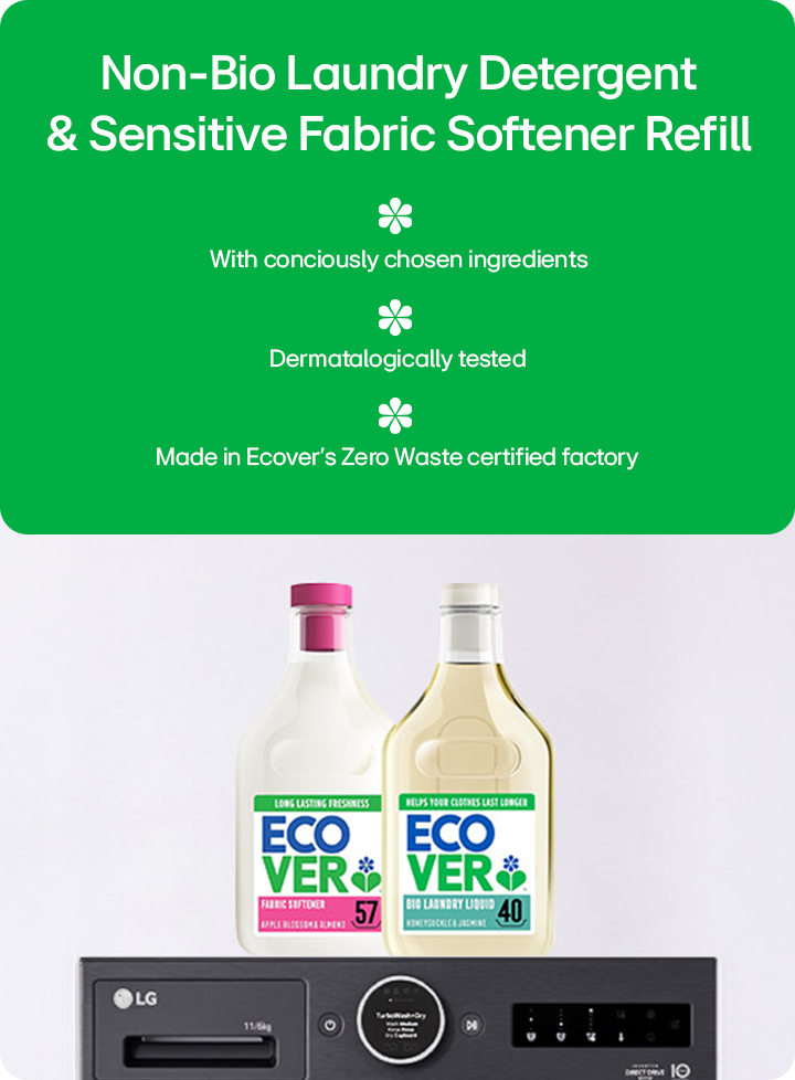 LG laundry appliance with Ecover non-bio laundry detergent and sensitive fabric softener refill, highlighting consciously chosen ingredients, dermatologically tested formulas, and zero-waste manufacturing.