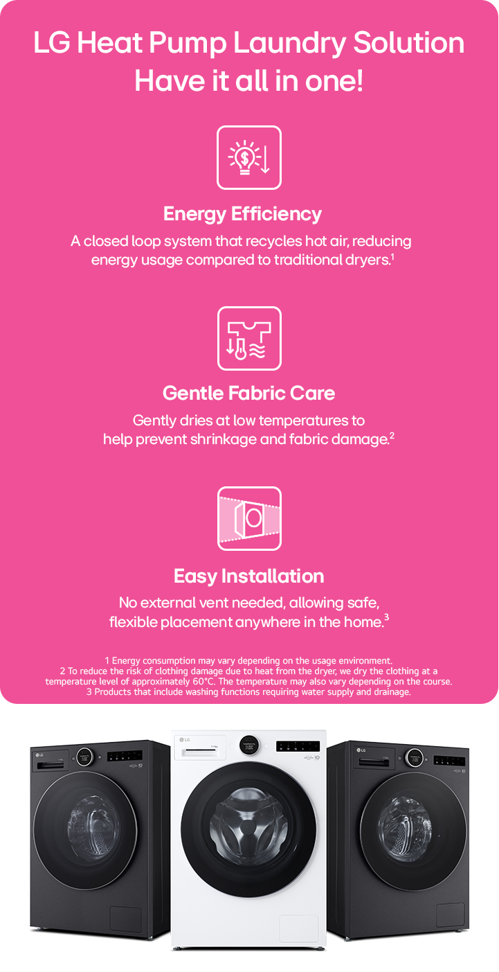 LG Heat Pump laundry appliances highlighting energy-efficient drying, fabric care through low-temperature drying, and a space-saving all-in-one design.
