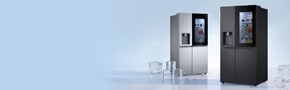 lg american style instaview fridge freezers with large ice block scattered around them and a summer offer on fridges and free filter with each order