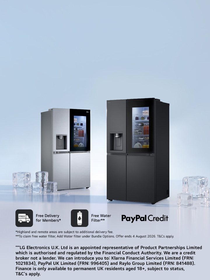 LG fridge freezer promotion featuring two InstaView refrigerators with free delivery, complimentary water filter and PayPal Credit financing options, displayed with ice cubes on a cool blue background