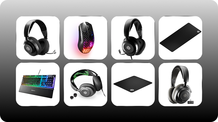 SteelSeries products displayed in a 3 by 3 grid