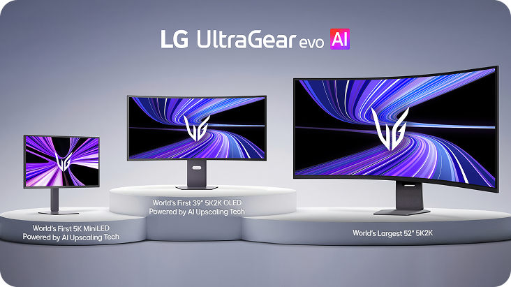 3 ultra Gear evo AI monitors standing on 3 separate pedestals