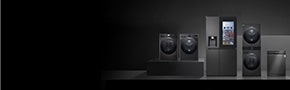 a line up of black lg appliances on a dark moody background with a promotional copy and offer to save when you trade up your old appliance
