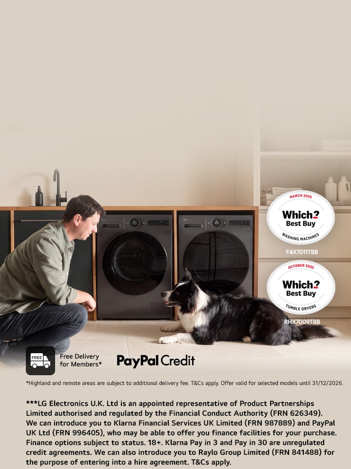 LG laundry pair featuring a washing machine and heat pump tumble dryer in a modern utility room, with a customer and dog alongside award-winning appliances.
