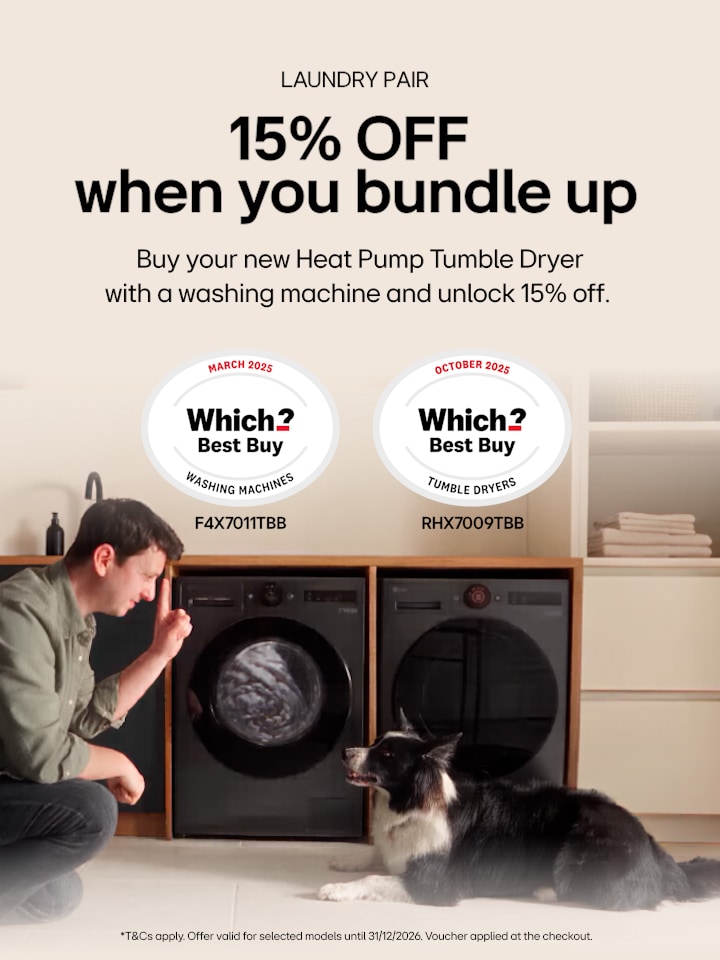 LG laundry bundle offer with award-winning washing machine and heat pump tumble dryer. Save 15% when purchased together.