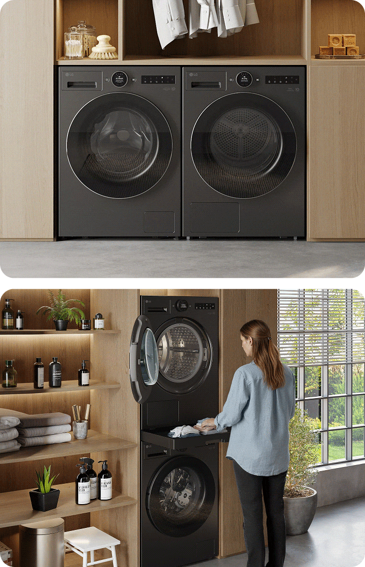 LG laundry solution featuring a washing machine and heat pump tumble dryer with flexible side-by-side and stacked installation options.