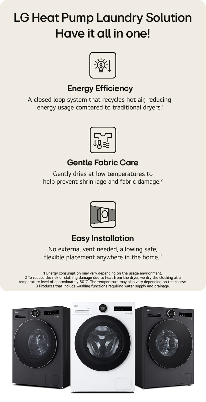 LG Heat Pump Laundry Solution showcasing a washing machine and heat pump tumble dryers designed for energy-efficient drying, fabric care and flexible installation.