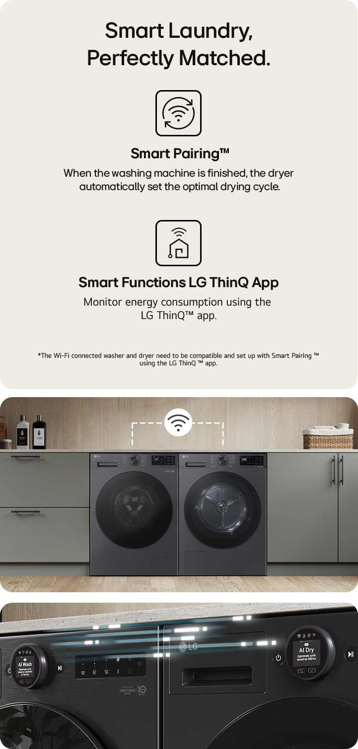 LG washing machine and tumble dryer with Smart Pairing™ and LG ThinQ™ app connectivity, automatically optimising drying cycles and enabling smart energy monitoring.