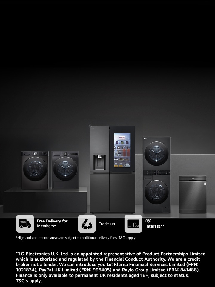 LG Black Edition home appliances including washing machine, tumble dryer, InstaView fridge freezer, WashTower and dishwasher with trade-up savings and finance offers
