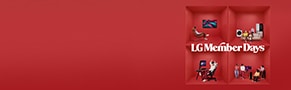 on a lg red background there are 4 block with people using lg products and a LG member days message to the left