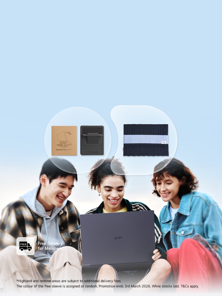a group 3 young people looked at an lg gram with smiles on their faces and two lg accessories outlined above - stand and sleeve with promotional offer get the accessories free of charge with each lg gram purchase