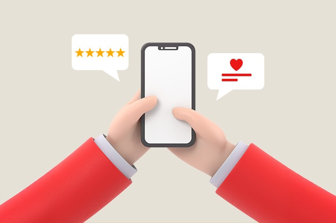A 3D illustration of hands in red sleeves holding a smartphone, with speech bubbles showing a five-star rating and a heart icon representing a product review.