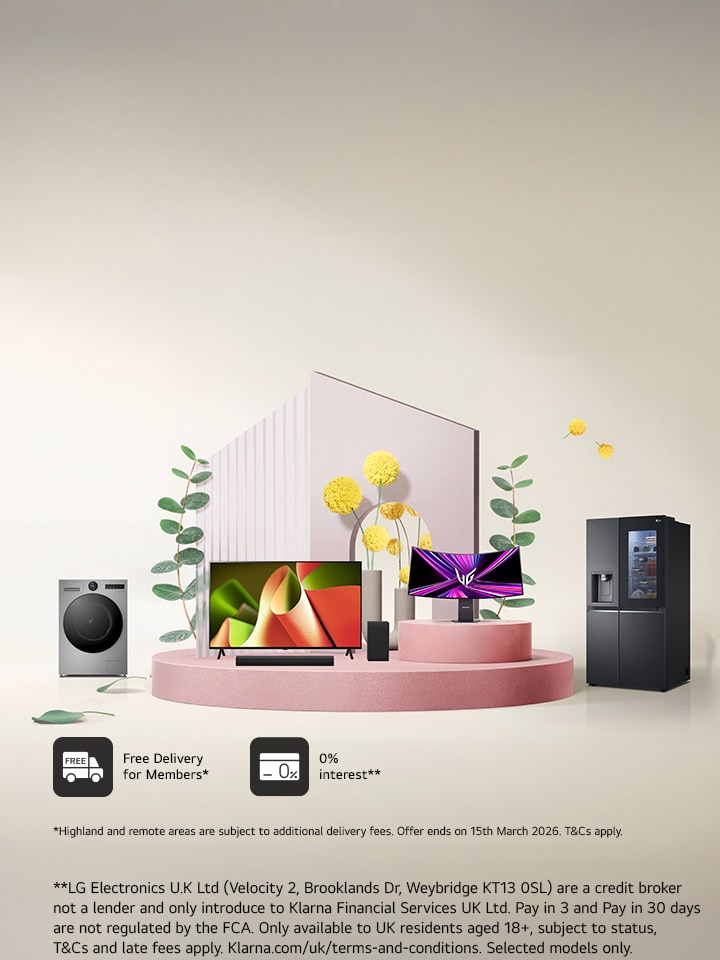 An Easter bunny runs in front of a living space filled with LG products