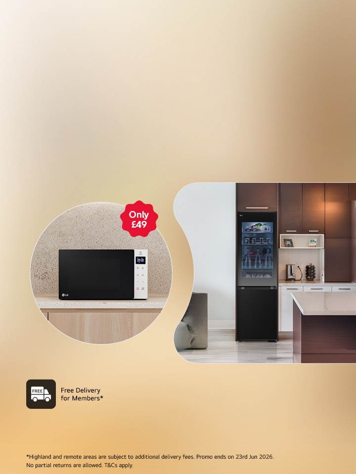 lg fit and max tall fridge freezer in a modern kitchen with lg microwave at promotional price of £49
