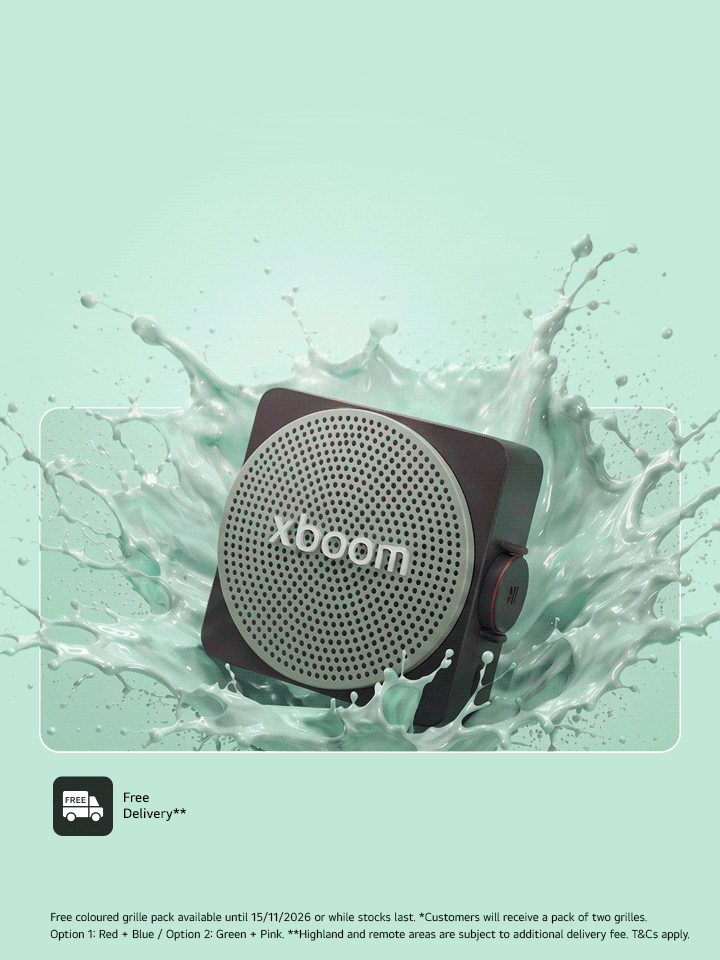 LG XBOOM speaker splashing into water on a green background with a free Grill package offer.