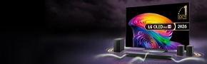 LG OLED evo AI 2026 TV with matching soundbar and speakers displaying vibrant colourful imagery, alongside Which? Reliability and What Hi-Fi? award logos, PayPal Credit and free delivery for members promotion on a dark premium background.