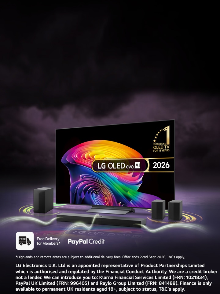 LG OLED evo AI 2026 TV with matching soundbar and speakers displaying vibrant colourful imagery, alongside Which? Reliability and What Hi-Fi? award logos, PayPal Credit and free delivery for members promotion on a dark premium background.