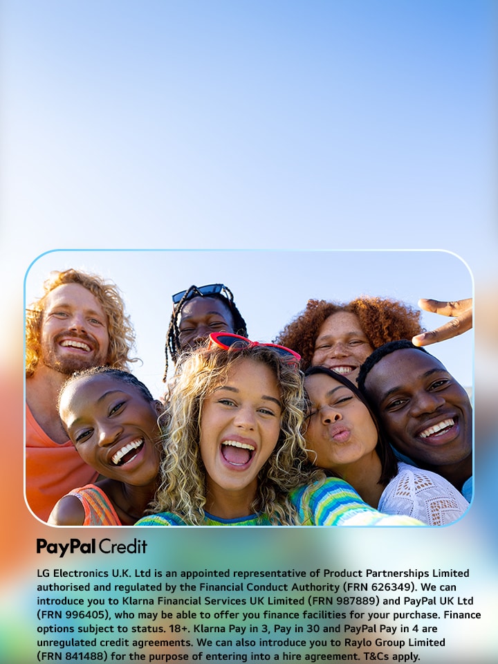 a group of happy young people smiling at the camera with a paypal promo message to say % while shopping with paypal