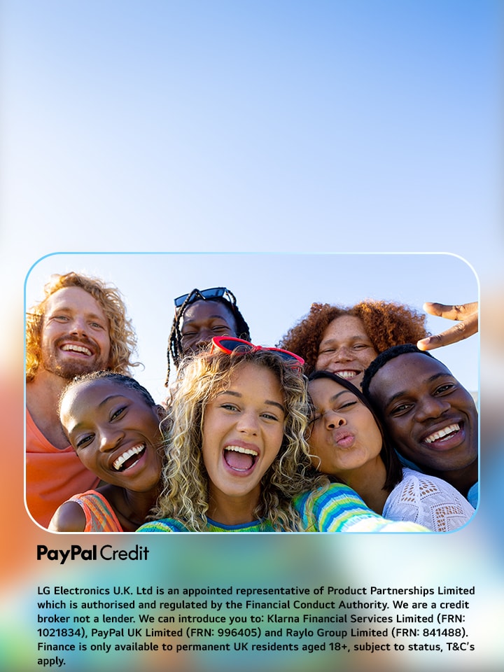 a group of happy young people smiling at the camera with a paypal promo message to say % while shopping with paypal 