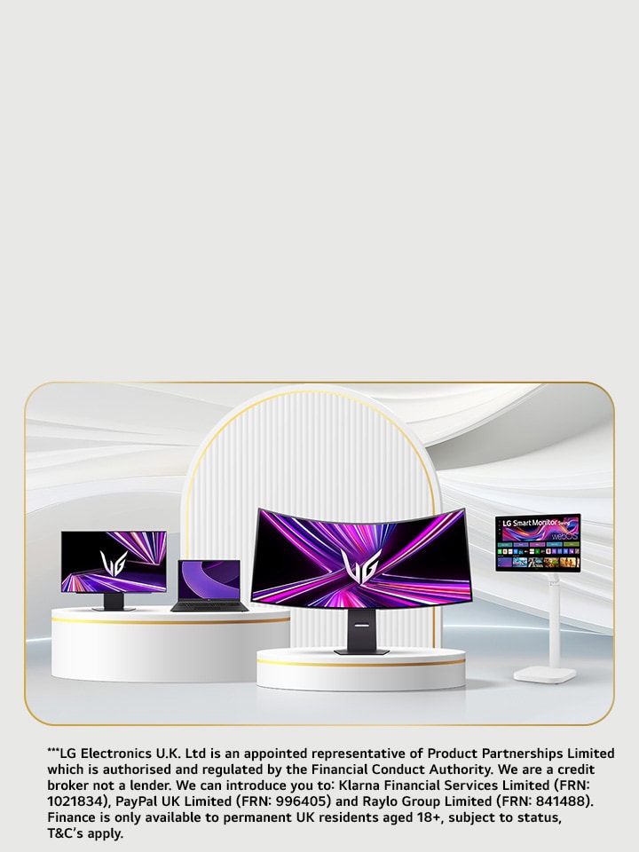 LG monitor lineup featuring an UltraGear gaming monitor, LG laptop and LG Smart Monitor Swing displayed on modern white podiums with vibrant purple screen visuals.