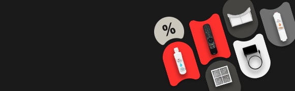 Picture of the LG Products and genuine accessories including water filters, filters, remote, laptop charger on black, red, white and grey background