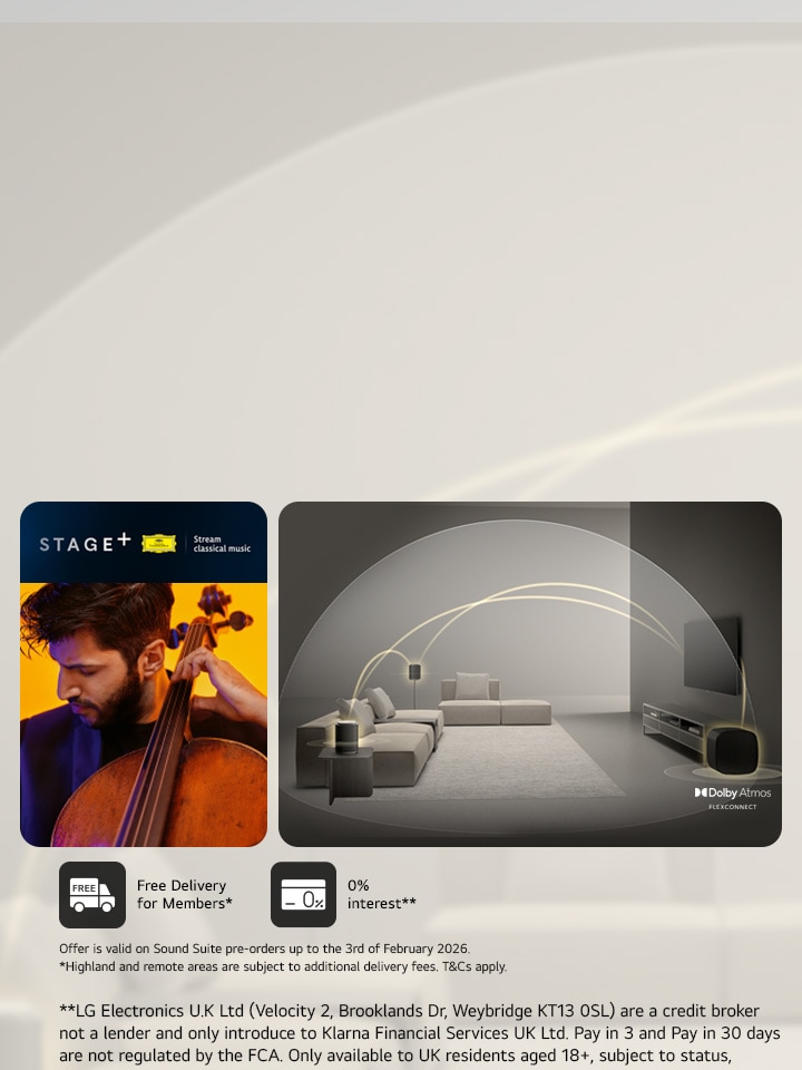 a modern lounge set up with lg sound suite indicating how the sound travels across the room with  Stage+ logo  and a male playing a cello  and pre order message and offer