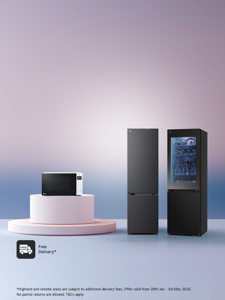 LG Microwave on a light pedestal with two black lg fridge freezers to the right with a light projecting at the centre of the background., inclusive of a promotional message to purchase a microwave at £49 and free delivery
