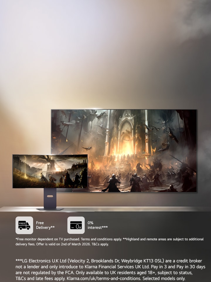 LG oled tv and and oled monitor on a moody background with a promotional message to buy a tv and get a monitor free of charge