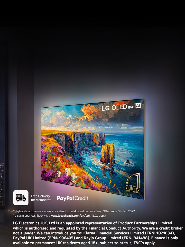 LG OLED evo AI wireless OLED TV mounted on a wall, displaying a vibrant coastal landscape with immersive picture quality in a modern living room overlooking a city skyline at night.