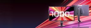 LG UltraGear gaming monitor with 1000Hz refresh rate display, shown from front and rear against a dynamic red and pink light-streak background