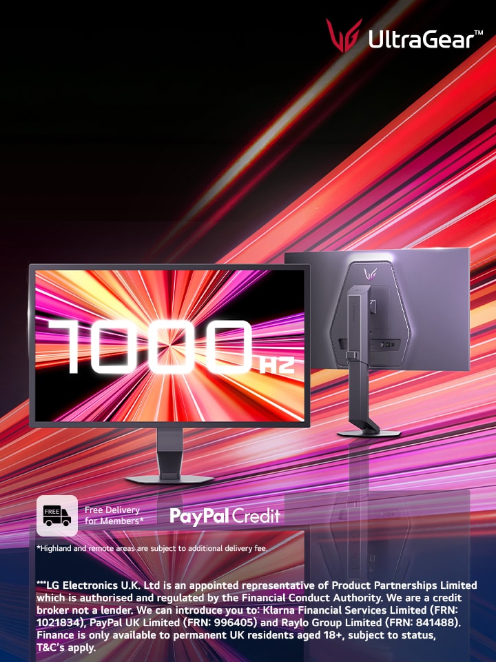LG UltraGear gaming monitor with 1000Hz refresh rate display, shown from front and rear against a dynamic red and pink light-streak background.