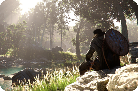 Fantasy adventurer resting by a sunlit forest stream, surrounded by lush vegetation and detailed natural scenery.